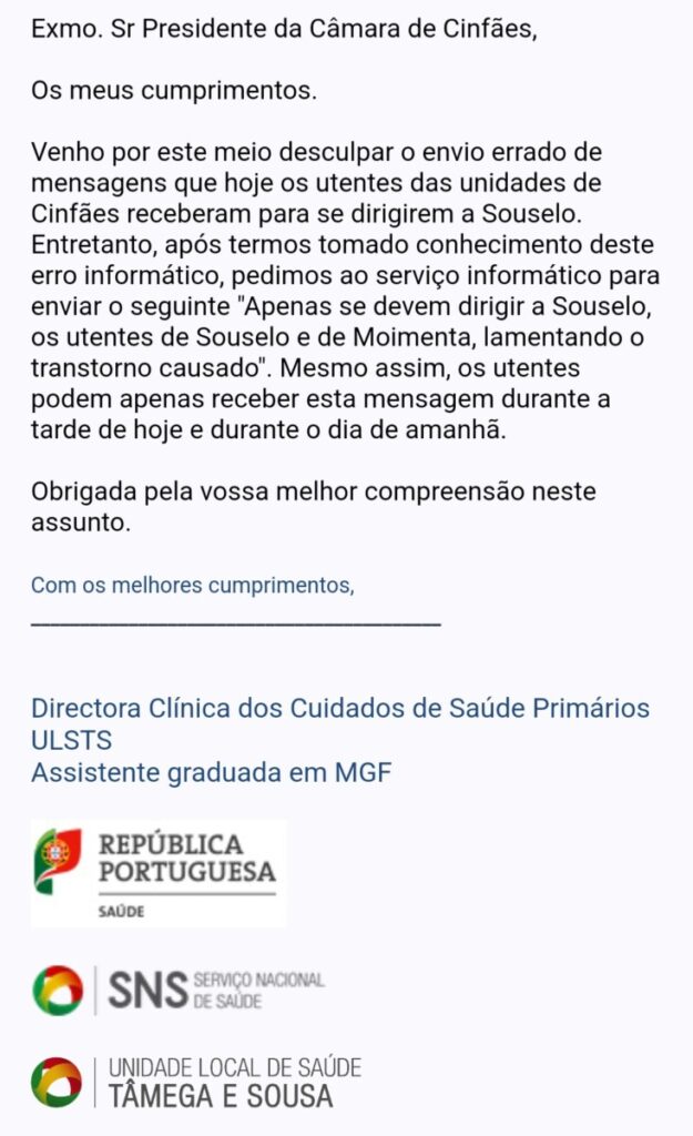  ULS Tâmega e Sousa admite “erro informático” após envio de mensagens a utentes de Cinfães - Jornal do Centro