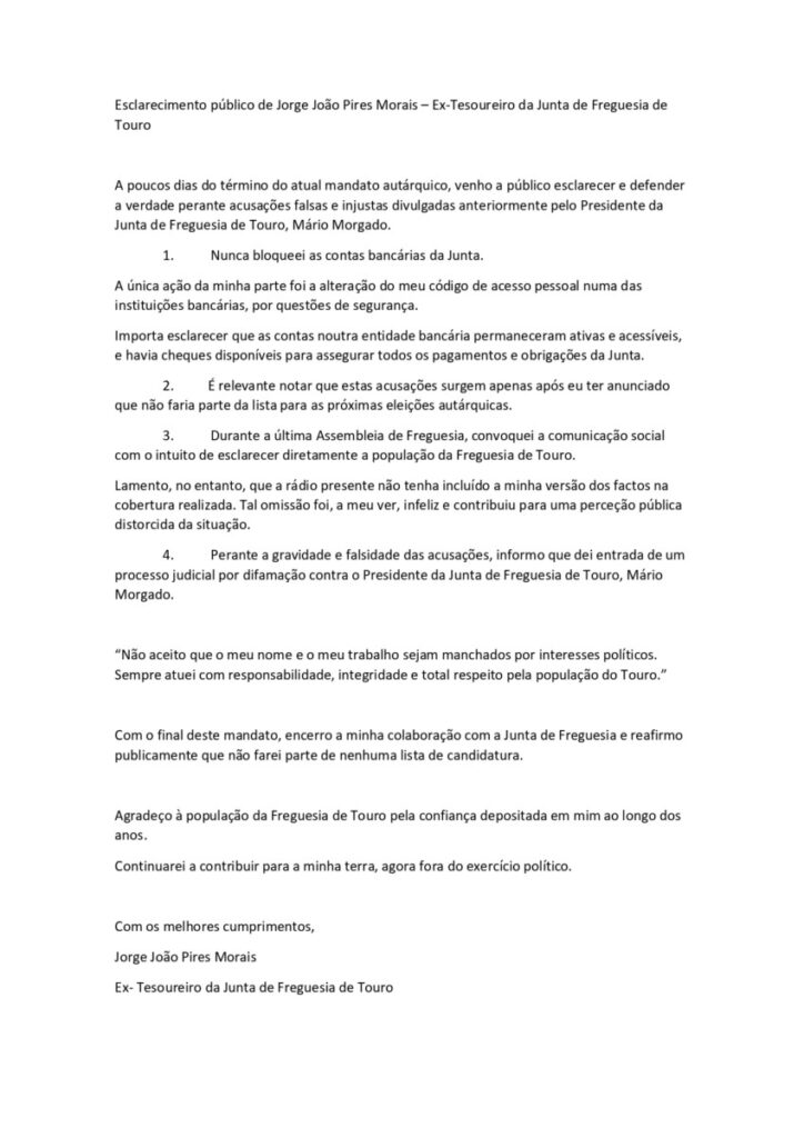  Esclarecimento público de Jorge João Pires Morais Ex-Tesoureiro da Junta de Freguesia de Touro - Jornal do Centro