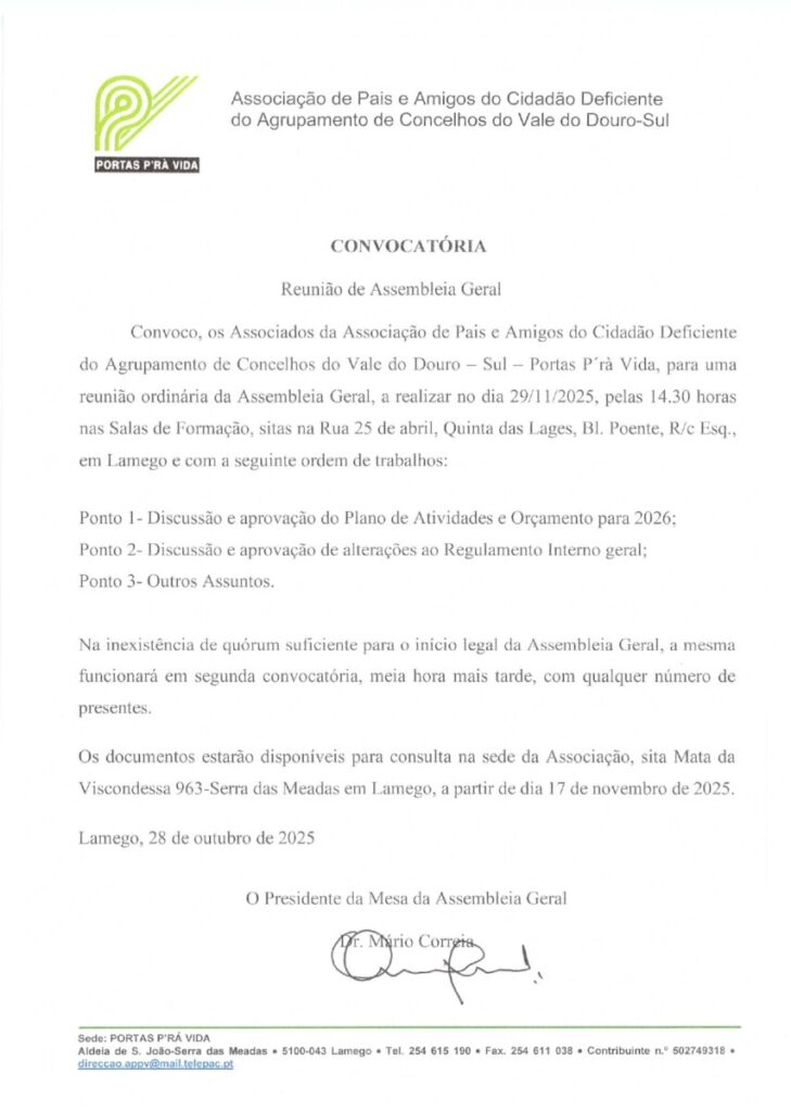  Convocatória – Assembleia Geral – APPV – 29.11.2025