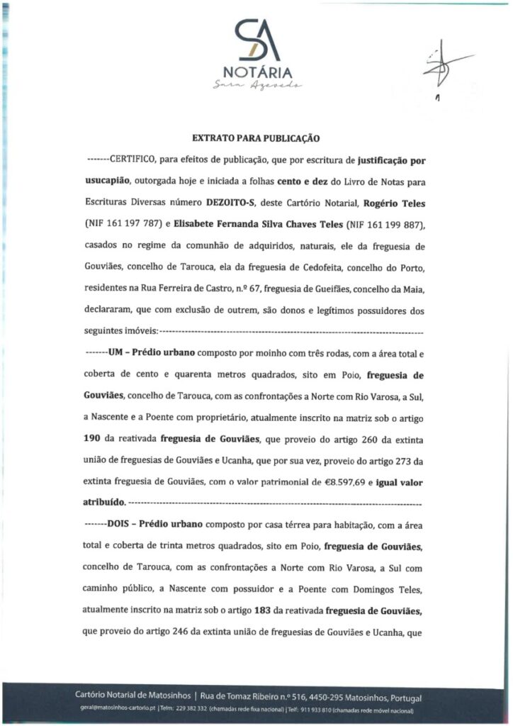  Extrato de Escritura de Justificação por Usucapião – Tarouca