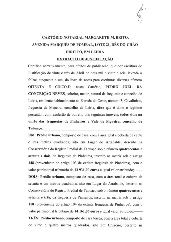 Extracto de Justificação de Pedro Joel da Conceição Neves