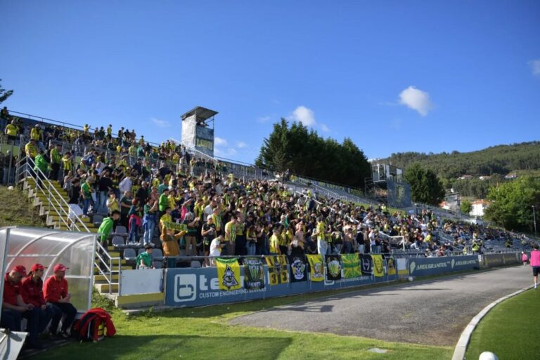 Crowd of fans in yellow, cheering from stadium bleachers on a sunny day with banners along the railings.