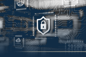 Central shield with a padlock on a microchip, surrounded by circuit lines, symbolizing cybersecurity and data protection.