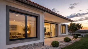 Modern single-story house exterior at dusk with large glass sliding doors showing warmly lit living and dining areas outside landscaped yard.