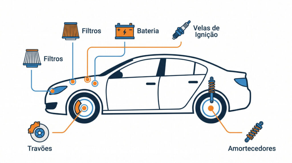 Infográfico de carro mostrando componentes: filtros, bateria, velas de ignição, travões e amortecedores e suas ligações no veículo Frota envelhecida, peças gastas o que os condutores portugueses mais substituem no carro