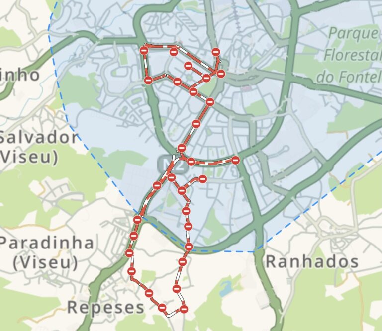 City map with a highlighted red walking route winding through streets inside a blue boundary.