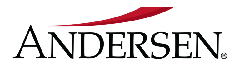 Andersen logo: bold black serif wordmark with a red curved swoosh above the letters.