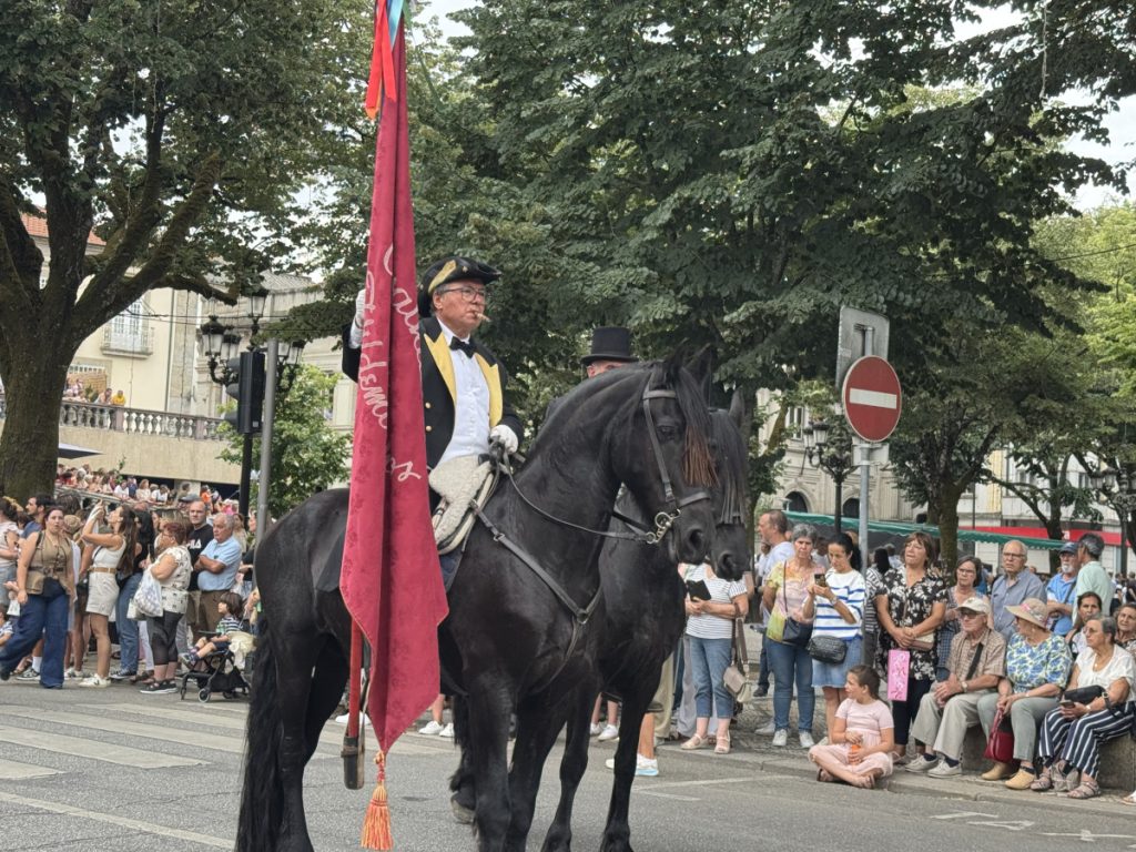 Man on a black horse wearing a formal uniform, holding a red banner during a street parade with spectators watching from the curb.