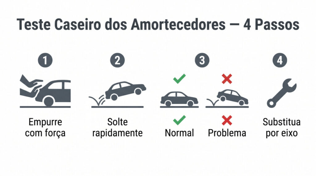 image - Jornal do Centro Guia visual em 4 passos para teste caseiro de amortecedores: empurre, solte, normal, problema, substitua por eixo. Amortecedores dianteiros e traseiros desgastados têm estes sinais e a maioria dos condutores ignora-os