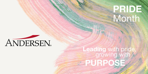 Andersen logo on a pastel paint-brush background with 'PRIDE Month' and 'Leading with pride, growing with PURPOSE' text