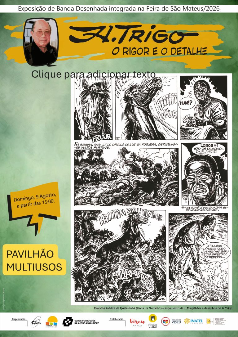 Poster promoting Exposição de Banda Desenhada em São Mateus 2026, com título em laranja e quadrinhos em preto e branco ao centro
