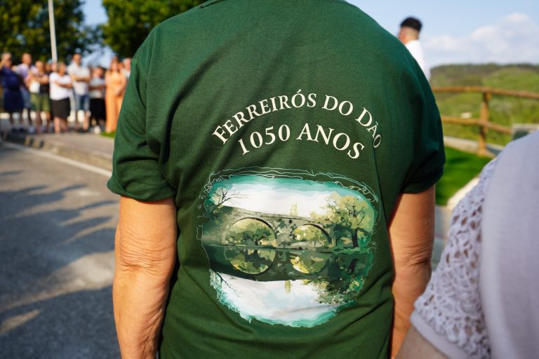 Back of a person wearing a green T-shirt with a circular landscape graphic and the text '1050 ANOS' visible, blurred crowd in the background.