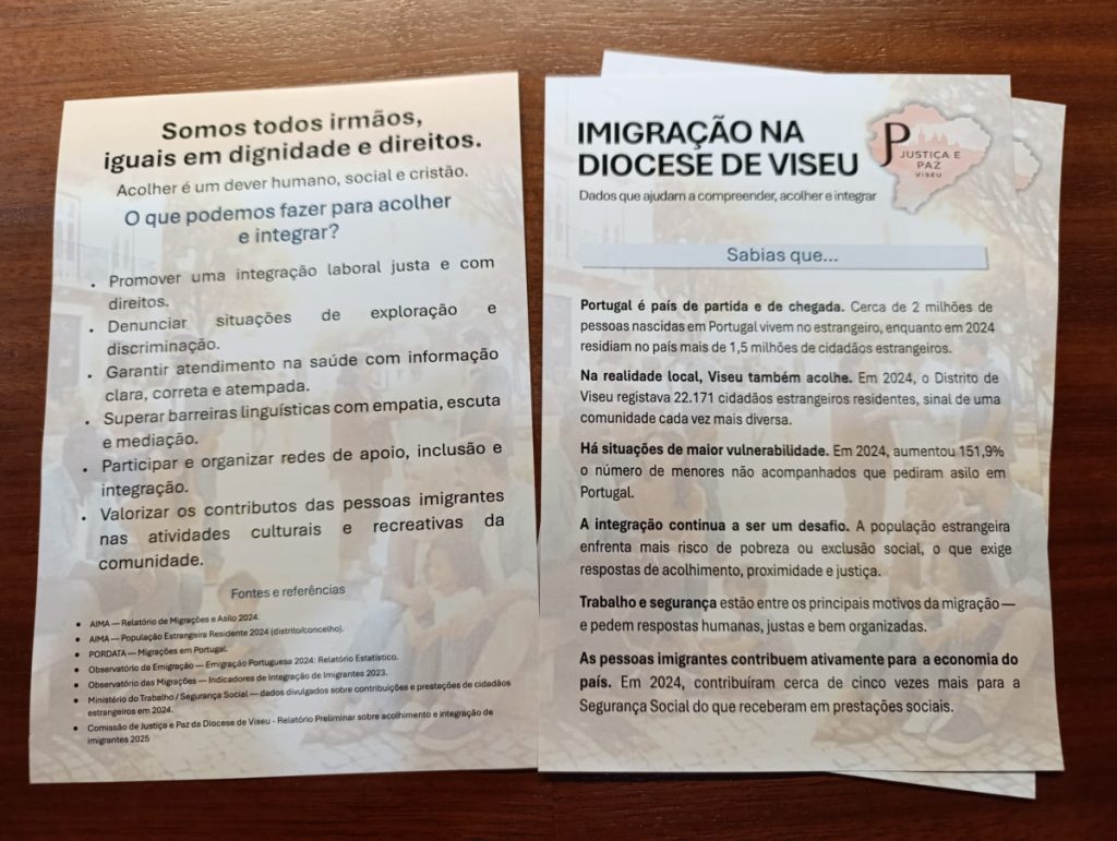 Two white flyers on a wooden table about immigration in Portugal; left asks to welcome immigrants and defend rights, right is titled 'IMIGRAÇÃO NA DIOCESE DE VISEU'. Diocese de Viseu lança campanha para sensibilizar comunidades para o acolhimento de imigrantes