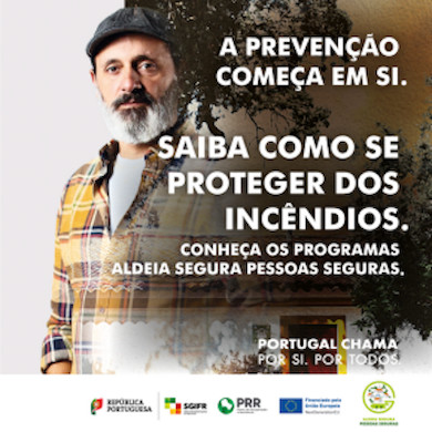 Public safety poster featuring a man in a plaid shirt; text reads 'A PREVENÇÃO COMEÇA EM SI. SAIBA COMO SE PROTEGER DOS INCÊNDIOS' with logos at the bottom.
