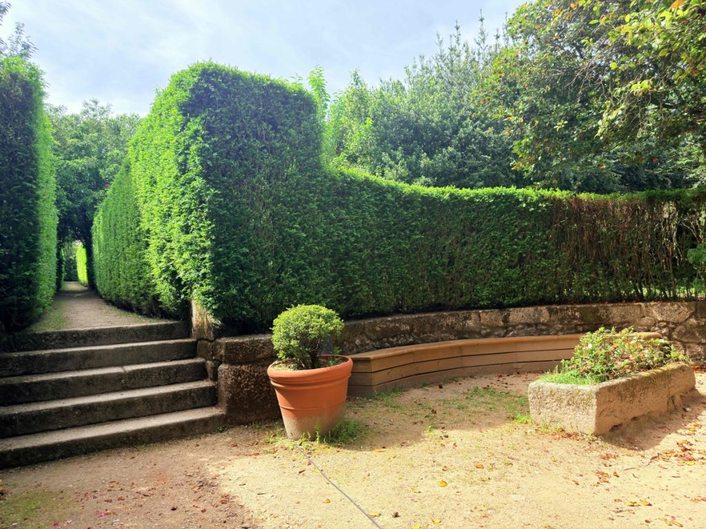 Narrow gravel path between tall clipped hedges with stone steps on the left and a curved wooden bench nearby. Mangualde estreia festival literário que junta Pedro Chagas Freitas, Francisco Moita Flores e Júlio Machado Vaz