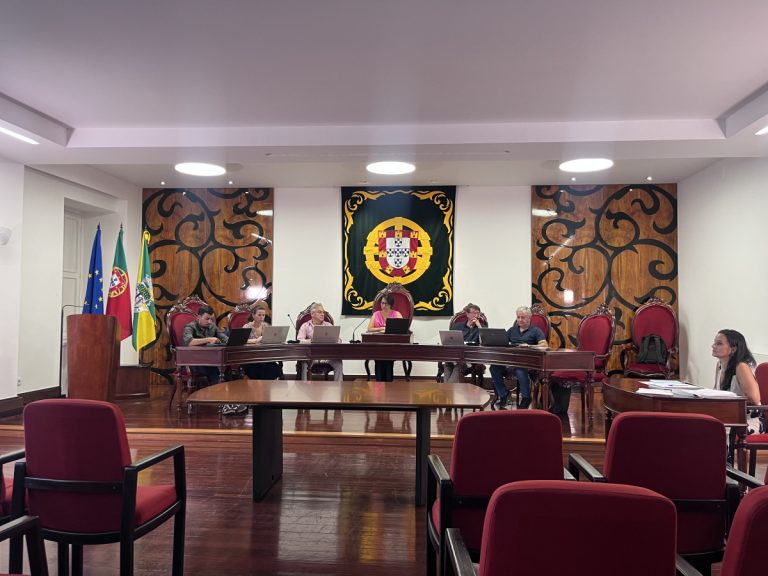 Panel of people seated at a long dark wood table in a formal meeting room with multiple laptops and flags nearby; a crest hangs on the wall behind the panel.