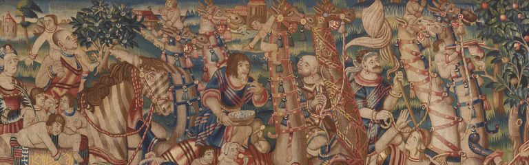 Detailed medieval tapestry of a crowded procession with knights on horseback, soldiers, and townsfolk in bright, patterned clothing.