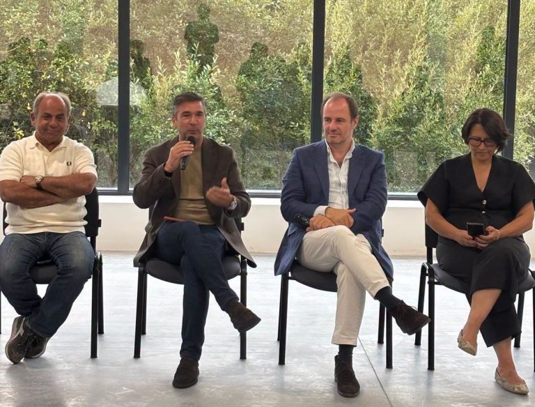 Four people seated in a panel discussion: the second person speaks into a handheld microphone while the others listen; large windows with greenery behind.
