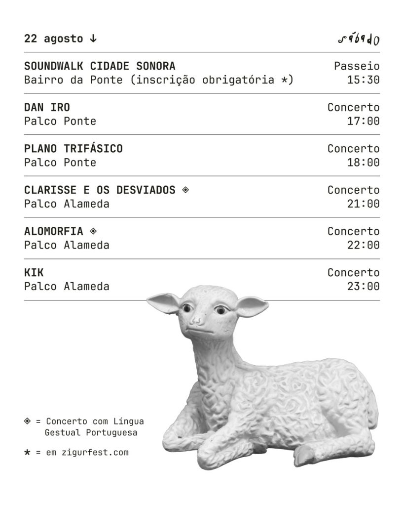 unnamed-5 - Jornal do Centro Poster showing 22 agosto schedule: SOUNDWALK CIDADE SONORA, Passeio Bairro da Ponte 15:30; DAN IRO 17:00; PLANO TRIFÁSICO 18:00; CLARISSE E OS DESVIADOS 21:00; ALOMORFIA 22:00; KIK 23:00; white lamb figure at bottom. Legend: ◆ Concert with Língua Gestual Portuguesa; * em zigurfest.com. Lamego: ZigurFest com transmissão online, emissão contínua e diretos dos 13 concertos