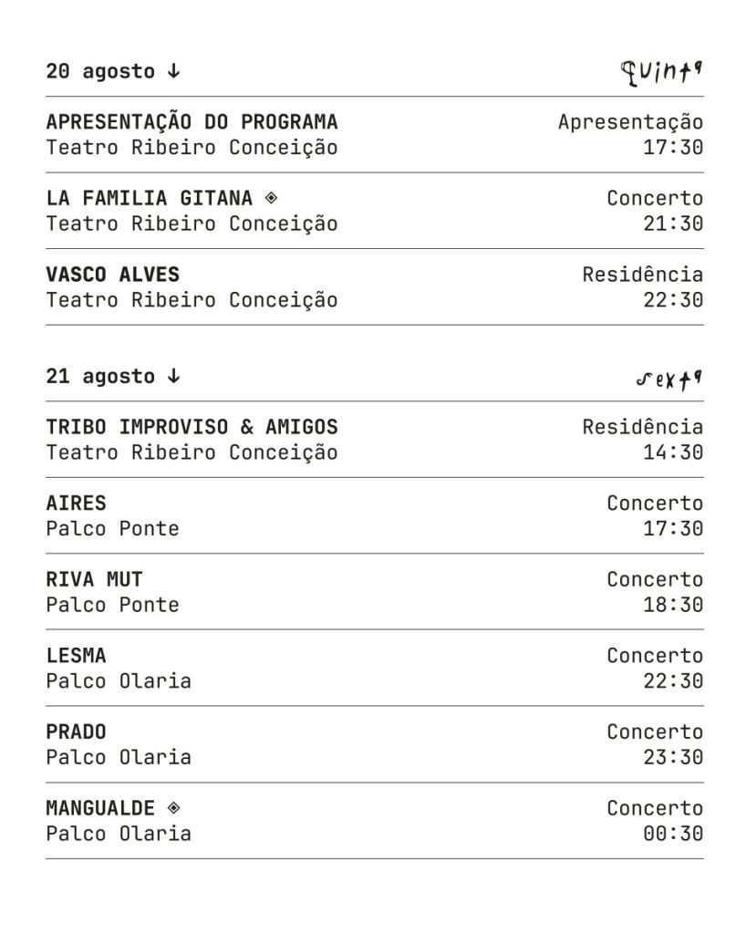 unnamed-7 - Jornal do Centro Two-day event schedule (20–21 August) listing acts, venues, and show times at Teatro Ribeiro Conceição, including 'La Familia Gitana', 'Vasco Alves', and more. Lamego: ZigurFest com transmissão online, emissão contínua e diretos dos 13 concertos