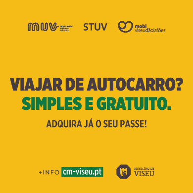 Promotional yellow banner advertising free, simple bus travel in Portuguese with bold text and logos at top and bottom.
