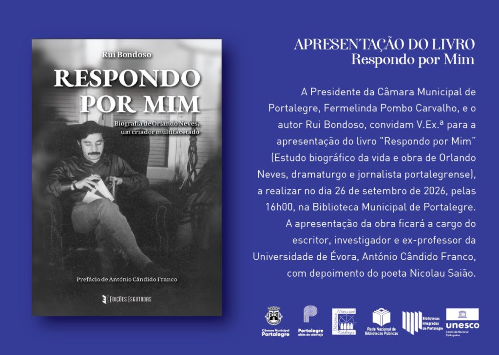 Book cover: 'Respondo por Mim' by Rui Bondoso, black‑and‑white photo of a man reading on a chair, prefácio de Antônio Cândido Franco.8d