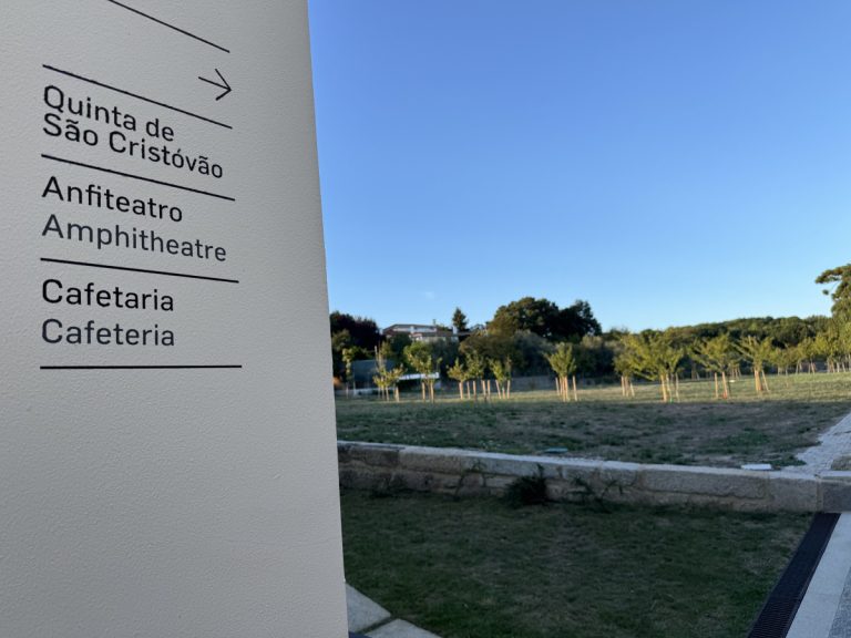 Vertical directional sign lists Quinta de São Cristóvão, Anfiteatro / Amphitheatre, Cafetaria / Cafeteria; park with young trees and a clear blue sky behind.