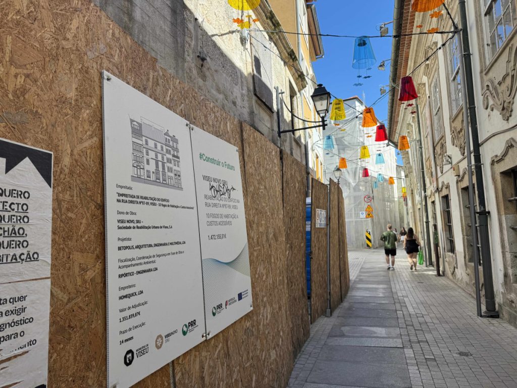 Narrow pedestrian street with plywood construction walls on the left, colorful hanging lanterns overhead, and two people walking away into a blue sky.