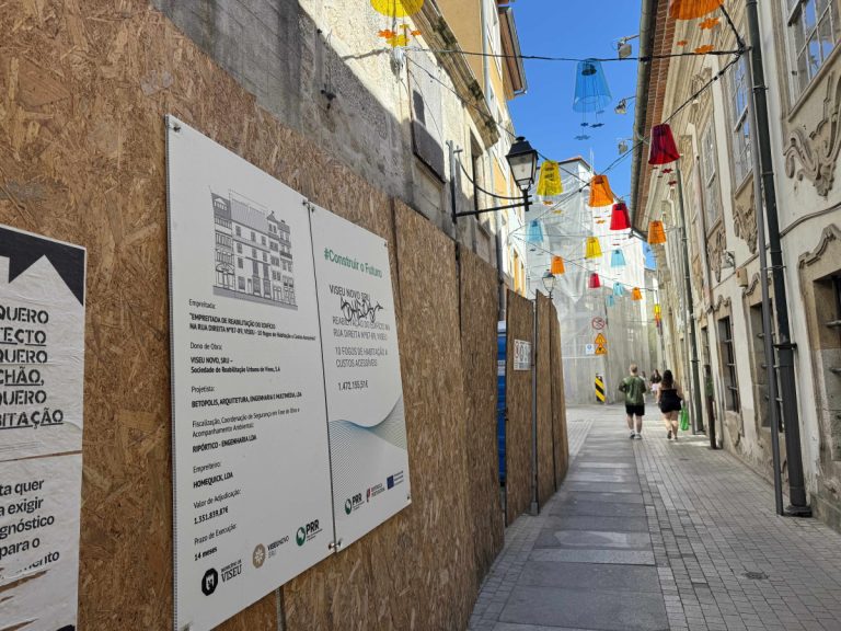 Narrow pedestrian street with plywood construction walls on the left, colorful hanging lanterns overhead, and two people walking away into a blue sky.
