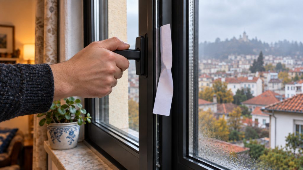 Close-up of a hand turning a window latch to open a window; a note is taped to the frame with a cityscape visible outside.
