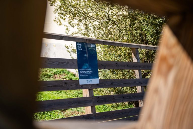 Blue poster attached to a wooden railing advertising a photography exhibition, with green trees in the background outside. (Ruralidades)
