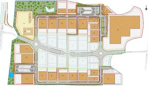 Detailed site plan of a development with roads, roundabout, building plots, parking, and green spaces.