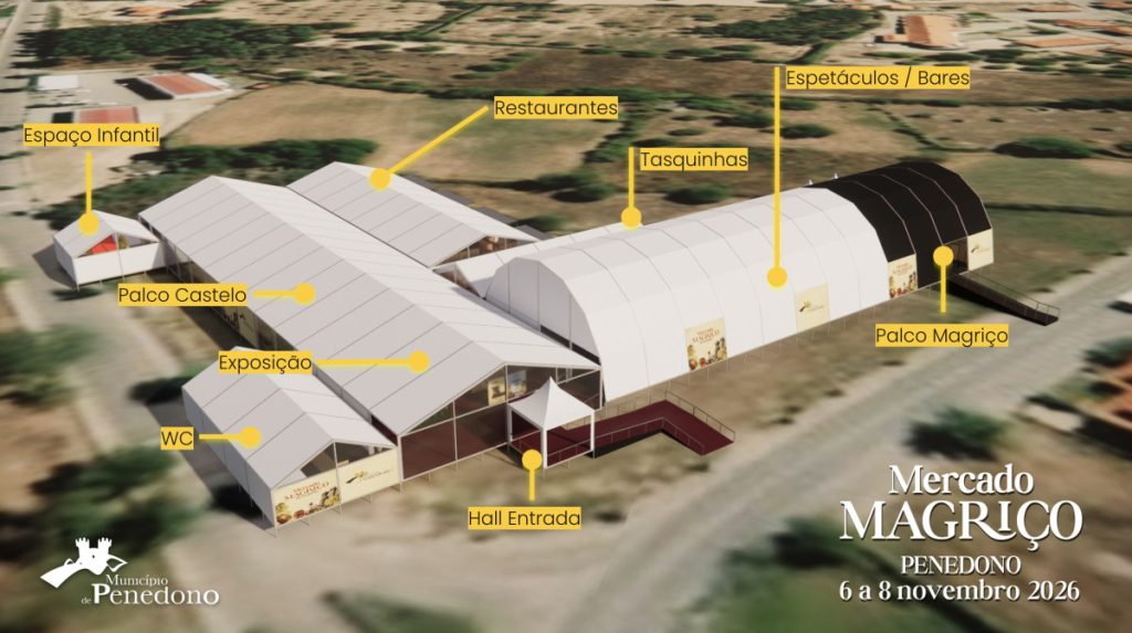 Aerial view of a festival site with labeled zones: Hall Entrance, Exposition, WC, Palacio Castelo, Restaurantes, Tasquinhas, Espetáculos/Bares, Palco Magrico, and Palco Castelo; Mercado Magrico event in Penedono, 6–8 November 2026.