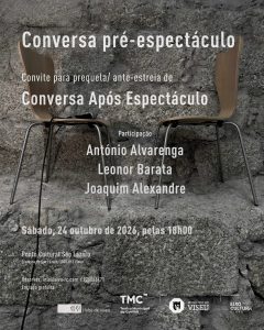 Poster advertising a pre-show talk with two wooden chairs against a rough stone wall. The text lists the speakers and date. (Informative)